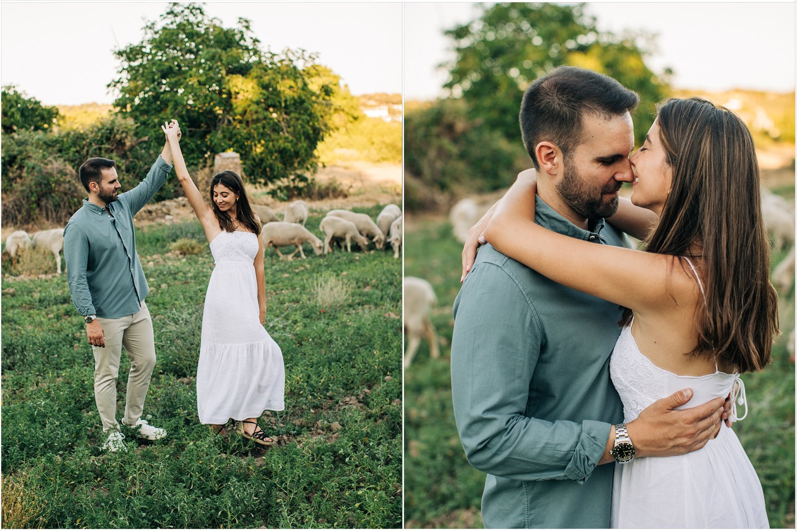 Dos fotografías: a la izquierda, pareja bailando sobre la hierba en medio del campo, con ovejas pastando detrás. Ella con vestido blanco corto el con ropa casual. A la derecha, la misma pareja en el mismo sitio abrazados con intención de besarse