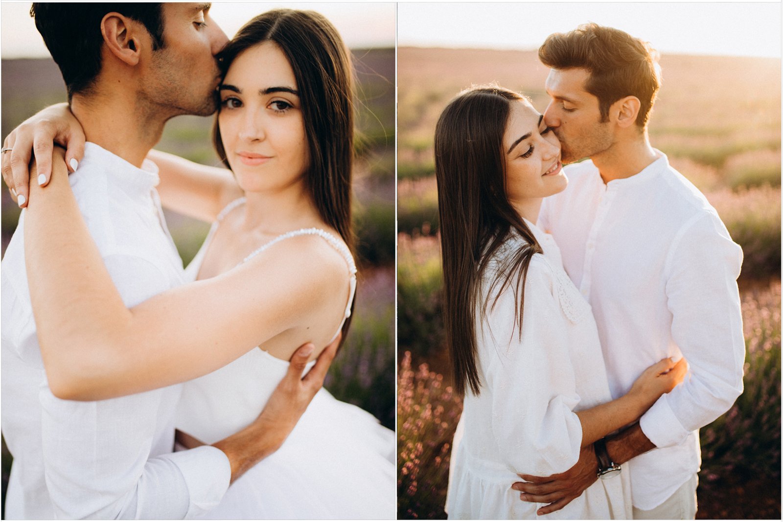 Dos fotografías: a la izquierda, pareja vestida de blanco en medio del campo, abrazados, mientras ella mira a cámara él la besa en la sien. A la derecha, la misma pareja en el mismo entorno abrazados, ella sonriendo y él besándola en la mejilla