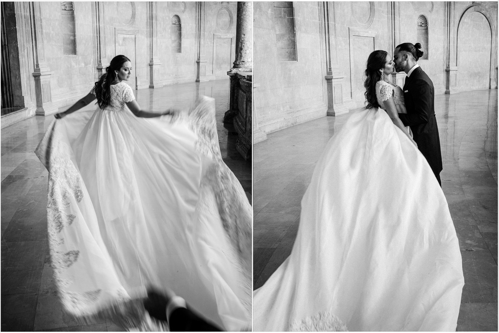 Dos fotografías en blanco y negro: la de La izquierda de una novia con vestido blanco desplegando la cola del mismo. La de la derecha de la misma novia besando al novio