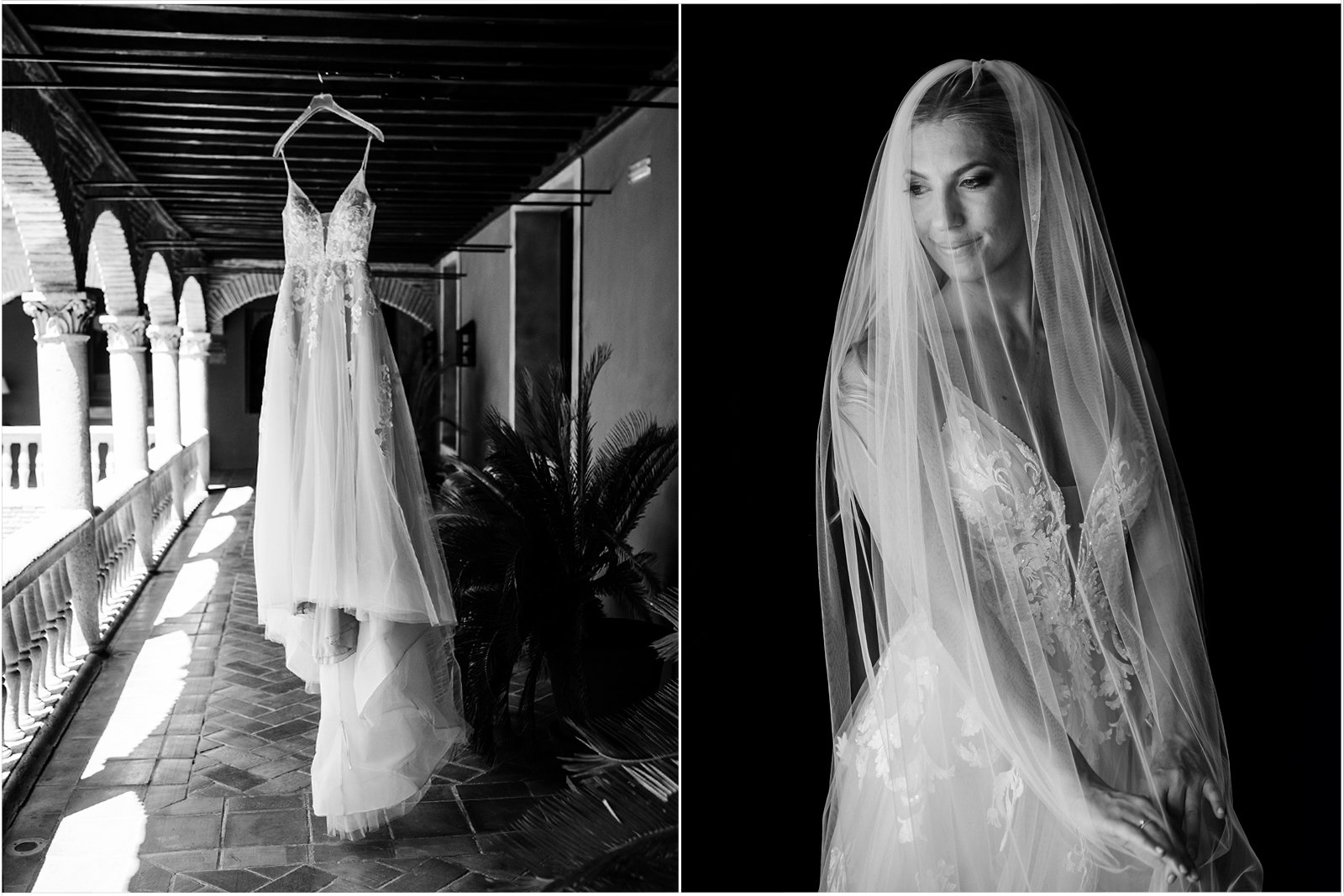Dos fotografías en blanco y negro: La de la izquierda de un vestido de novia colgado de una percha en el techo. La de la derecha de la misma novia posando con el vestido y el velo sobre la cara