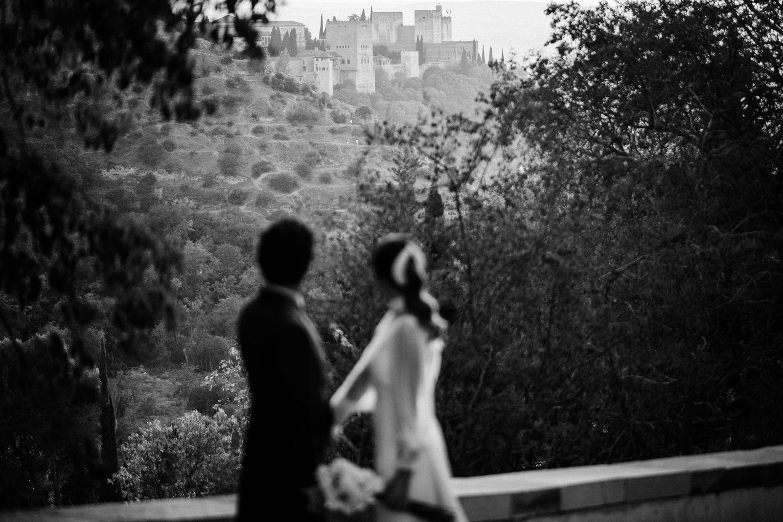 Pareja de novios desenfocados, de perfil, mirando en dirección contraria a la cámara, contemplando una hermosa vista de la Alhambra de Granada